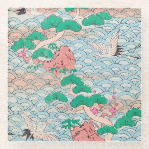 Japanische Krane auf Waves Vintages Muster Glasuntersetzer