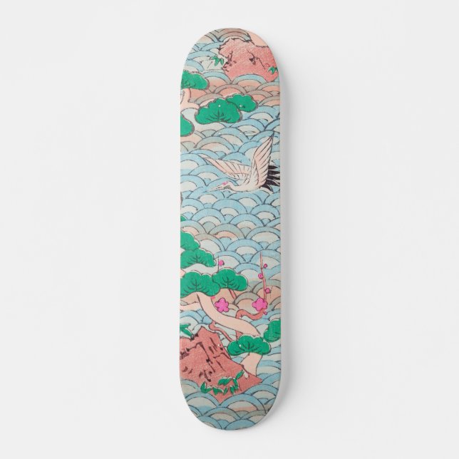 Japanische Krane auf Waves Vintages Muster Skateboard (Vorne)