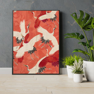 Japanische Krane Burnt Orange Kimono Kunst Poster