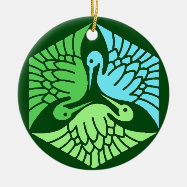 Japanische Krane, Jade Green und Light Blue Keramik Ornament (Vorne)