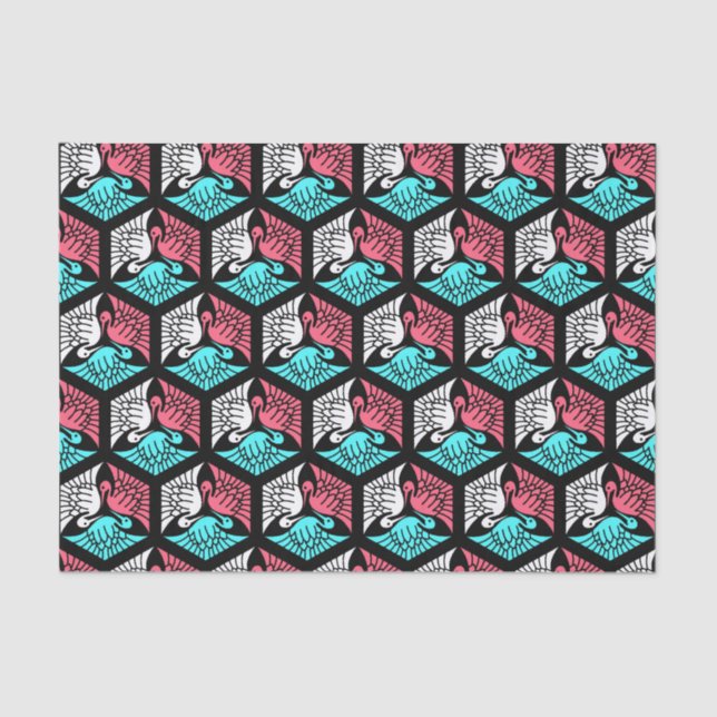 Japanische Krane, Korallen, Türkis und Schwarz Seidenpapier (Vorderseite)