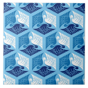 Japanische Krane, Marine, Weiß und Light Blue  Fliese