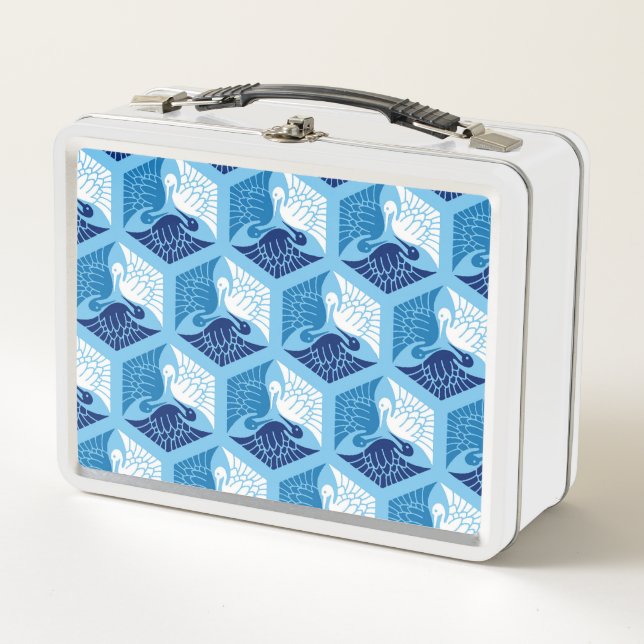 Japanische Krane, Marine, Weiß und Light Blue Metall Lunch Box (Vorderseite)