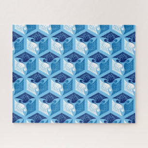 Japanische Krane, Marine, Weiß und Light Blue Puzzle