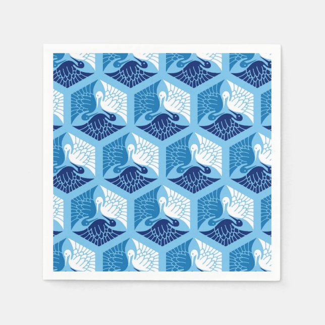 Japanische Krane, Marine, Weiß und Light Blue Serviette (Vorderseite)