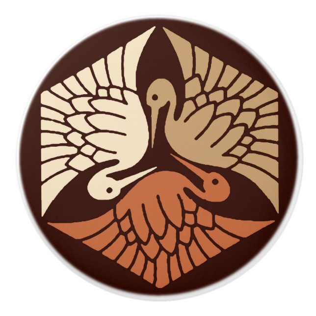 Japanische Krane, Tan, Rost und Schokolade, braun Keramikknauf (Vorderseite)