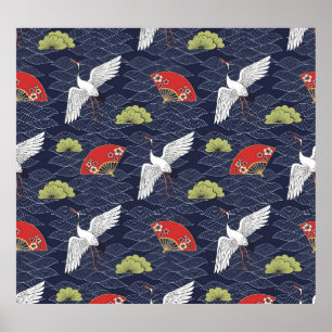 Japanische Krane und Lüfter: Vintages Muster Poster