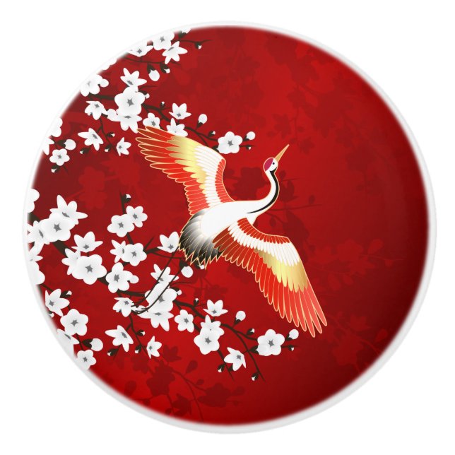 Japanische Krane Weißkirsche Blossom Rot Keramikknauf (Vorderseite)