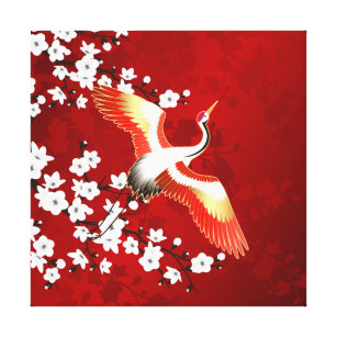 Japanische Krane Weißkirsche Blossom Rot Leinwanddruck
