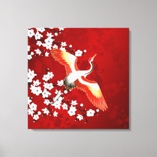 Japanische Krane Weißkirsche Blossom Rot Leinwanddruck