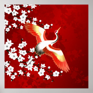 Japanische Krane Weißkirsche Blossom Rot Poster