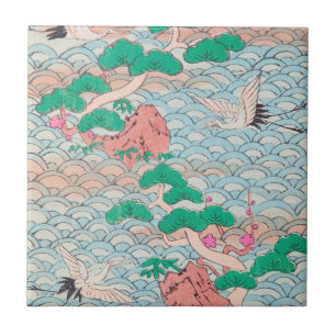 Japanische Kraniche auf Wellen Vintage-Muster Fliese