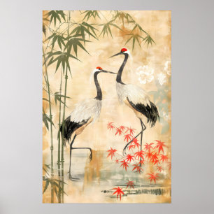 Japanische Kraniche & Bambus Kunst Druck Texturier Poster