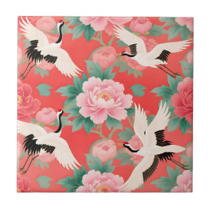 Japanische Kraniche Paonien Rot Chinoiserie Elegan Fliese