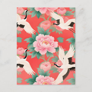 Japanische Kraniche Paonien Rot Chinoiserie Elegan Postkarte