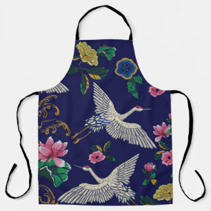 Japanische Kraniche, Wellen und Blumen. Stickerei- Schürze