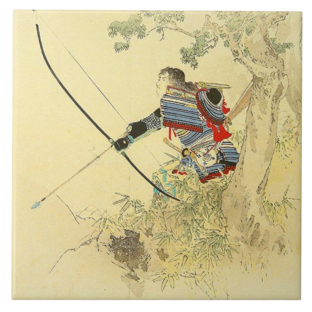 Japanische Kunst - ein Samurai mit einem Longbow Fliese (Vorderseite)