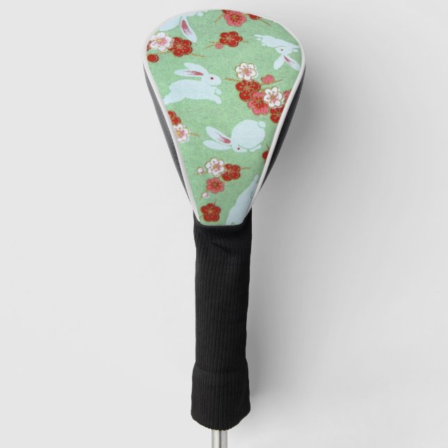 Japanische Kunst: Grüne Sakuras & Kaninchen Golf Headcover (Vorderseite)