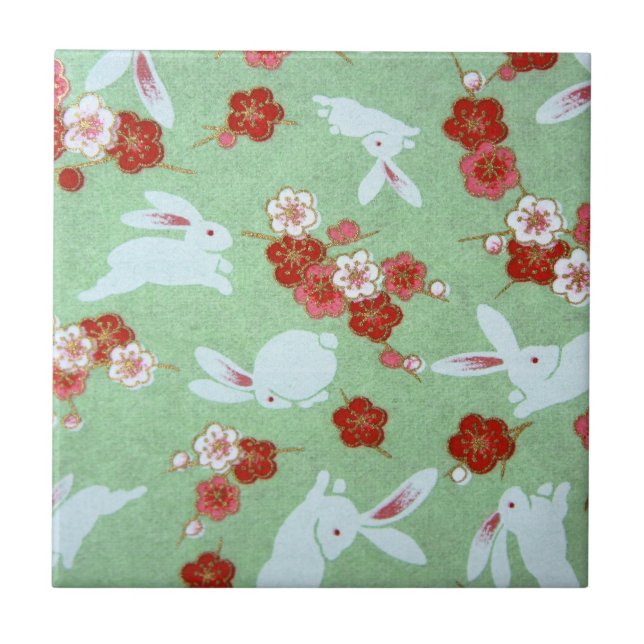 Japanische Kunst: Grüne Sakuras und Rabbits Tile Fliese (Vorderseite)