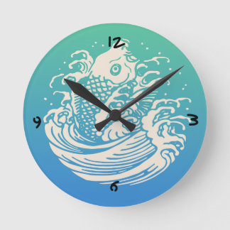 Japanische Kunst Koi-Fisch Blau Vintage-Design Runde Wanduhr