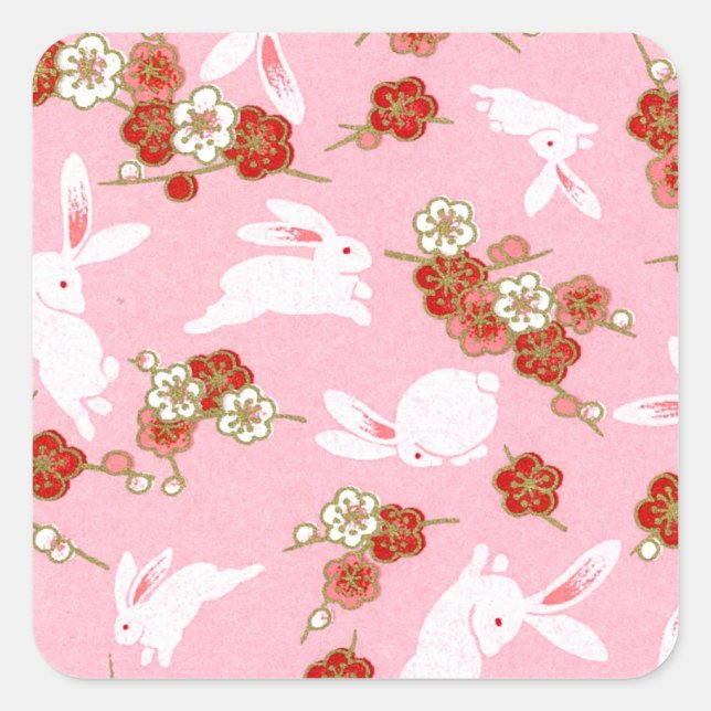 Japanische Kunst: Rosa Sakuras & Rabbits Quadratischer Aufkleber (Vorderseite)