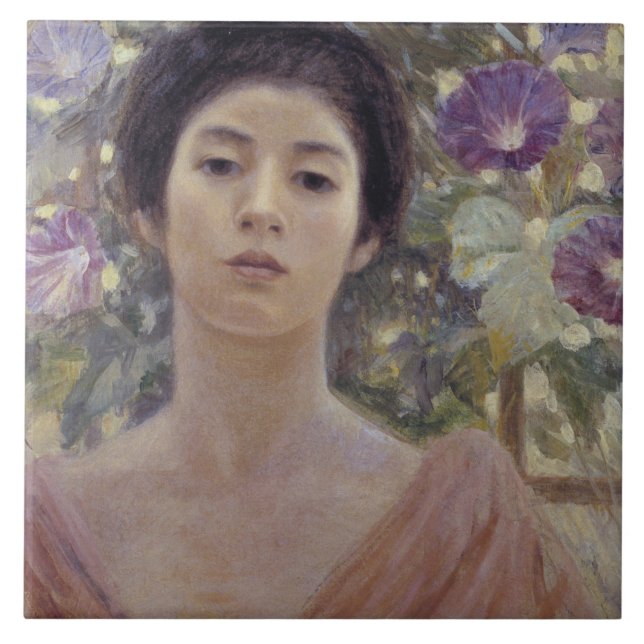 Japanische Lady mit Lila Morning Glory-Blume Fliese (Vorderseite)
