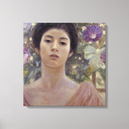 Japanische Lady mit Lila Morning Glory-Blume Leinwanddruck