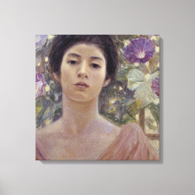 Japanische Lady mit Lila Morning Glory-Blume Leinwanddruck (Vorderseite)