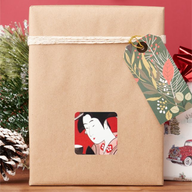 Japanische Lady Tea Bewirtung der Zeremonie Kunstd Quadratischer Aufkleber (Feiertag)