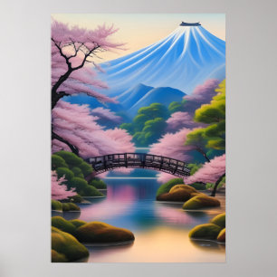 Japanische Landschaft Kirschblüten und Berge Poster