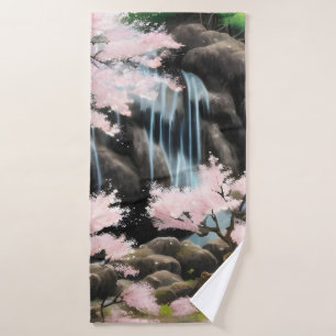 Japanische Landschaft Kirschblüten und Wasserfall Badehandtuch