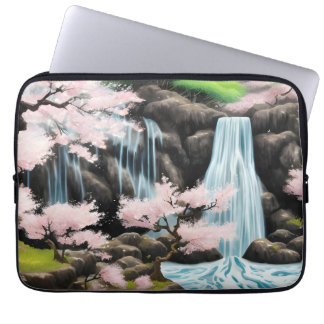 Japanische Landschaft Kirschblüten und Wasserfall Laptopschutzhülle