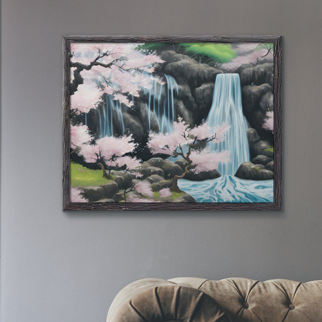 Japanische Landschaft Kirschblüten und Wasserfall Poster (Von Creator hochgeladen)
