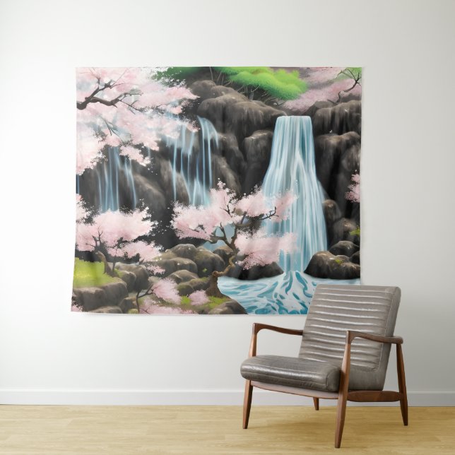 Japanische Landschaft Kirschblüten und Wasserfall Wandteppich (Beispiel (Horizontal))