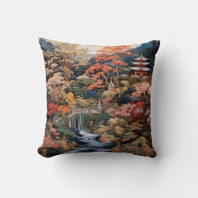 Japanische Landschaft Kunst: Wasserfall und Dorf Kissen (Vorderseite)