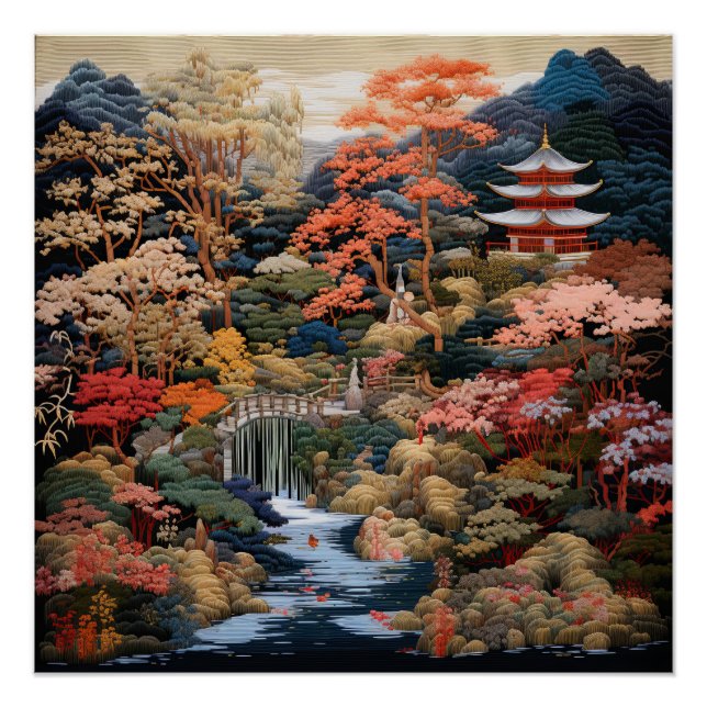 Japanische Landschaft Kunst: Wasserfall und Dorf Poster (Vorderseite)