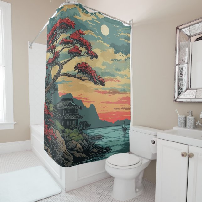 Japanische Landschaft Linocut Art 1 Duschvorhang (Beispiel)