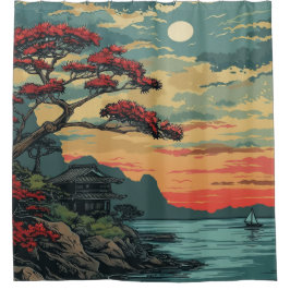 Japanische Landschaft Linocut Art 1 Duschvorhang