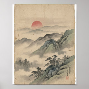 Japanische Landschaft mit aufgehender Sonne I Poster
