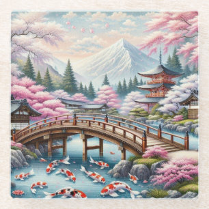 Japanische Landschaft mit Bridge-, Koi- und Sakura Glasuntersetzer