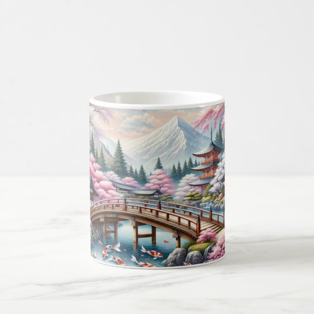 Japanische Landschaft mit Bridge-, Koi- und Sakura Kaffeetasse (Mittel)