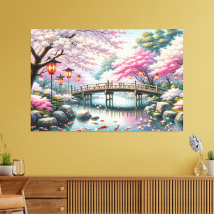 Japanische Landschaft mit Bridge-, Koi- und Sakura Leinwanddruck