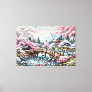 Japanische Landschaft mit Bridge-, Koi- und Sakura Leinwanddruck