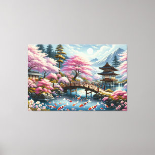 Japanische Landschaft mit Bridge-, Koi- und Sakura Leinwanddruck