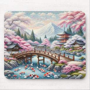 Japanische Landschaft mit Bridge-, Koi- und Sakura Mousepad