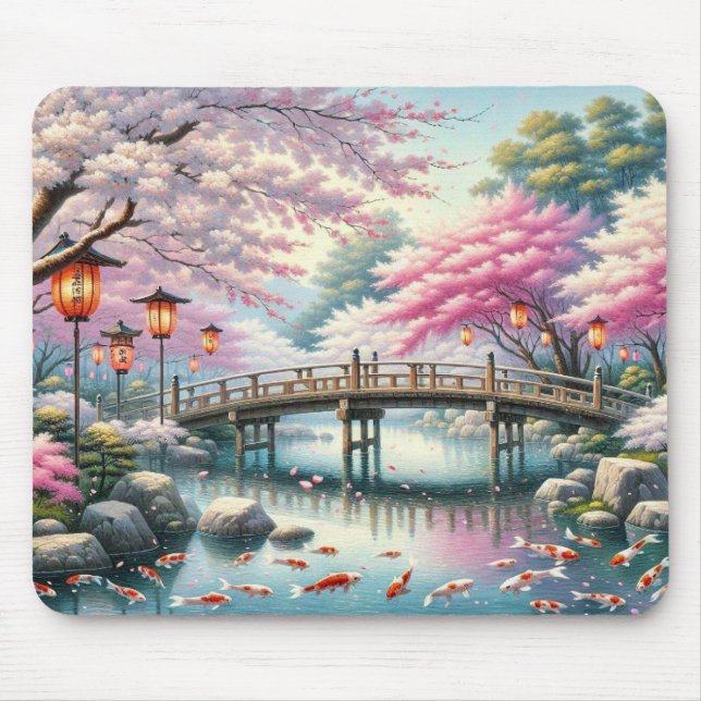 Japanische Landschaft mit Bridge-, Koi- und Sakura Mousepad (Vorne)