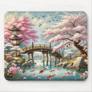 Japanische Landschaft mit Bridge-, Koi- und Sakura Mousepad