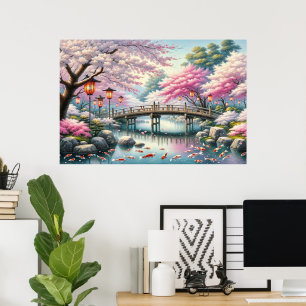 Japanische Landschaft mit Bridge-, Koi- und Sakura Poster