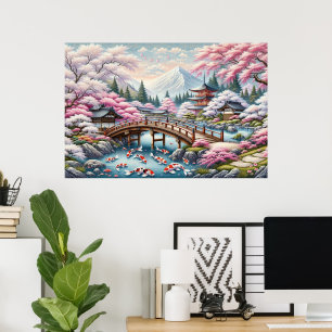 Japanische Landschaft mit Bridge-, Koi- und Sakura Poster