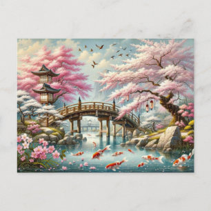 Japanische Landschaft mit Bridge-, Koi- und Sakura Postkarte